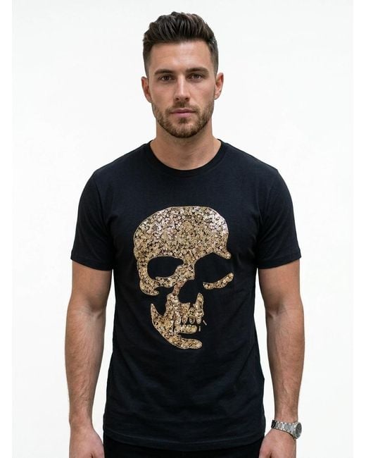 Any Old Iron Black Golden Shadow Skull Beaded T-Shirt for men