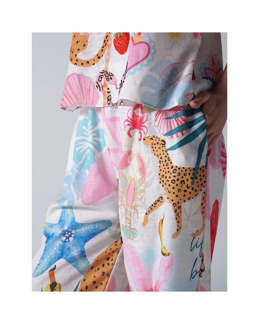LOVEIST STORE White Tropical Pop Icon Patterned Wide Leg Trousers