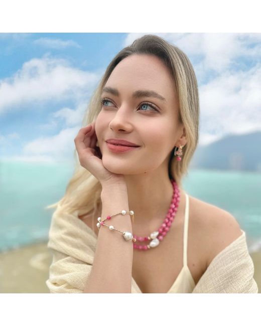 Farra Baroque Pearls With Pink Gemstones Double Layers Bracelet / Choker