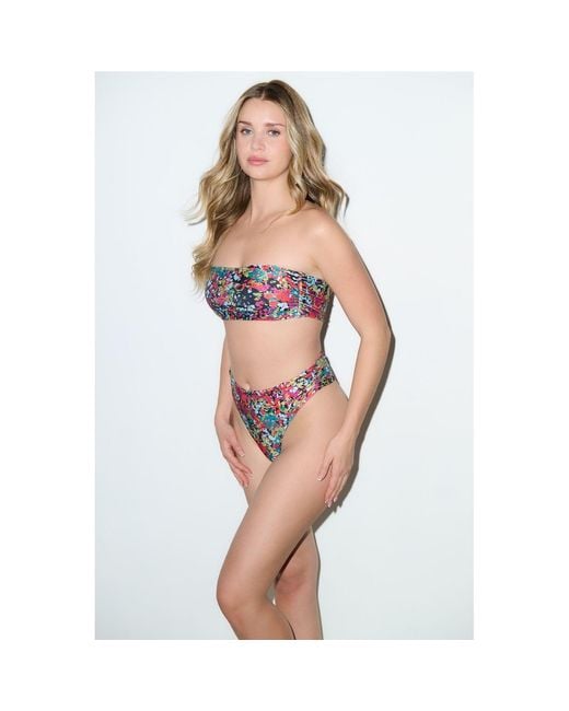 Playaluxe Red Capri Ruched High Waist Thong Bikini Bottom Confetti Floral