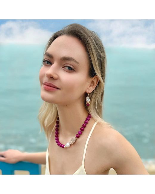 Farra Red Gemstone With Baroque Pearl Pendant Statement Necklace