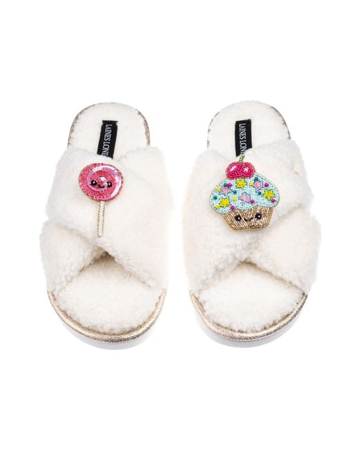 Laines London White Neutrals Laines Boucle Slippers With Laines Loveables Lollipop & Cupcake Brooches