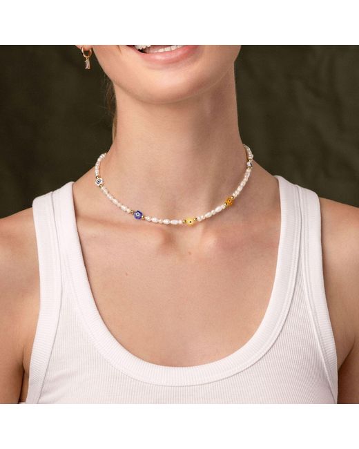 Nialaya Metallic Pearl Choker With Flower Beads