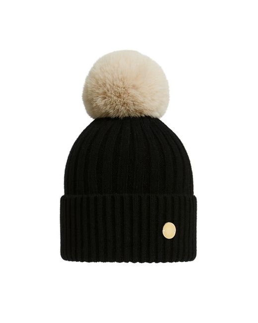Hortons England Black Ribbed Cashmere Beanie With Pom Pom