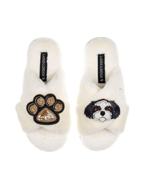 Laines London White Neutrals Classic Laines Slippers With Paw & & Shih Tzu Brooches