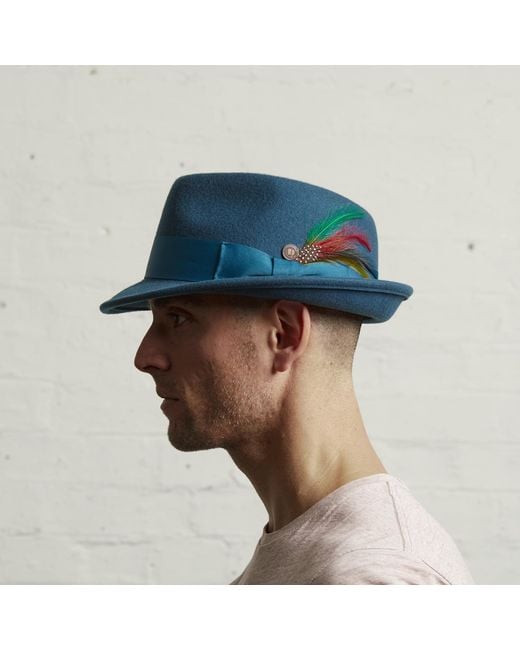 Dasmarca Hats Blue Darwin Felt Trilby With Feather for men