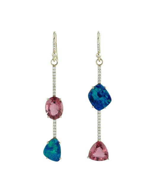 Artisan Blue Tourmaline, Opal & Diamond Drop Earrings