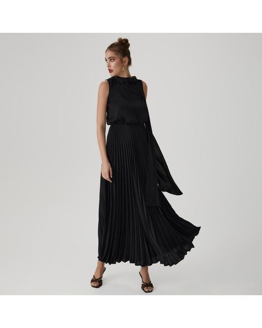 Lita Couture Black Long Pleated Tie-Neck Dress