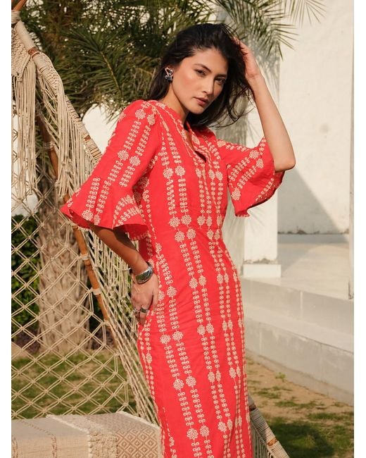 Rose & Nancy Cat Coral Embroidered Midi Dress