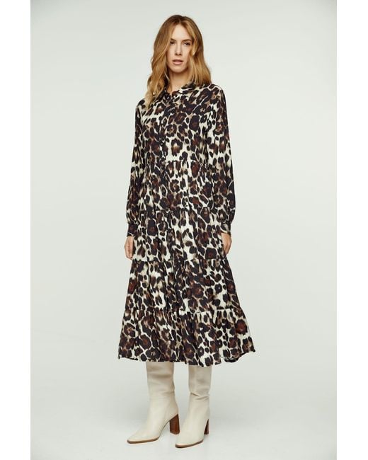 Conquista Black Animal Print Tiered Dress With Button Detail