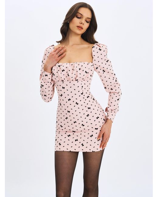 Miss Circle New York Pink Perla Baby Ruched Bust Velvet-Embossed Bow Mini Dress