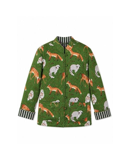 Yumi' Green Fox Print Reversible Cotton Quilted Jacket