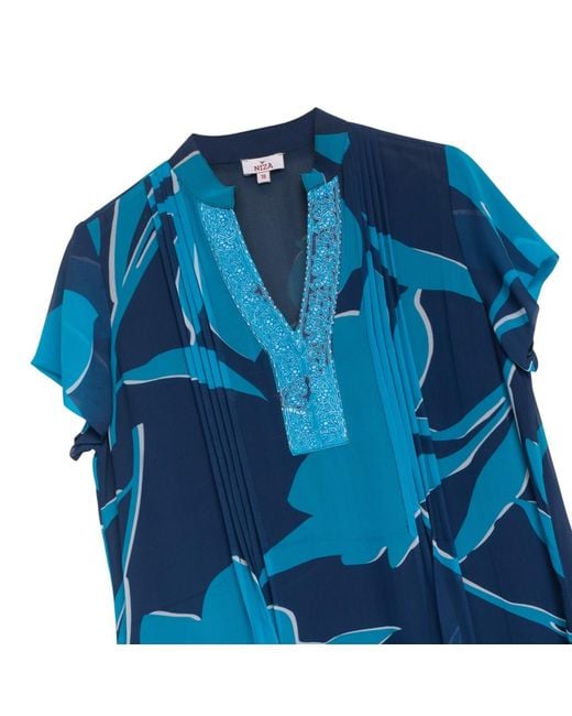 Niza Blue Printed Short-Sleeved Blouse With Front Closure