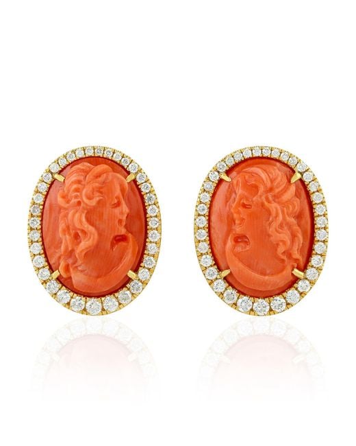 Artisan Orange Carved Coral Cameo & Diamond Stud Earrings