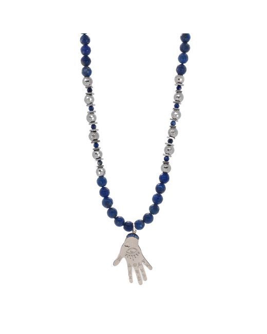 Ebru Jewelry Metallic Lapis Lazuli & Hematite Stone Sterling Hamsa Pendant Beaded Necklace