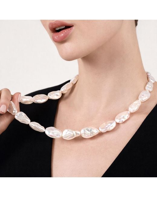 Unaloe Metallic Elegant Long Necklace With Freshwater Cultured Baroque Pearls And Sterling- Plated Lobster Clasp
