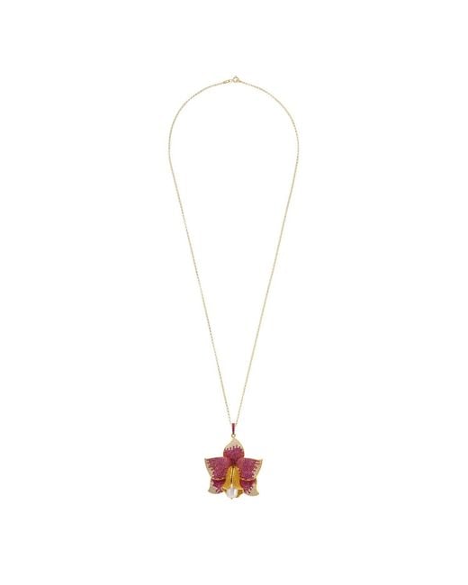 Latelita London Pink Daffodil With Pearl Pendant Necklace Gold Ruby Cz