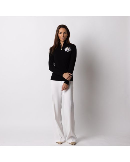 Laines London Black Laines Couture Quarter Zip Jumper With Embellished & White Peony