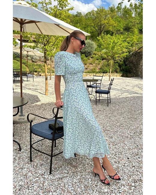 POST MERIDIEM Blue Short Sleeve Floral Midi Dress
