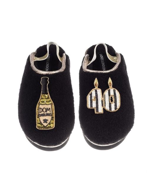 Laines London Black Flatform Cloud Closed Toe Slippers With Stripe 40Th Birthday & Dom Darling Brooches