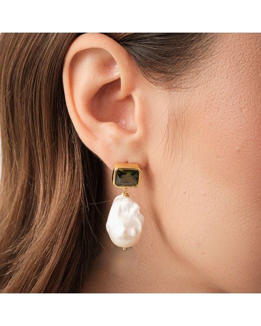 LINYA JEWELLERY Metallic Khaki Crystal Stone Baroque Pearl Dangle Earrings