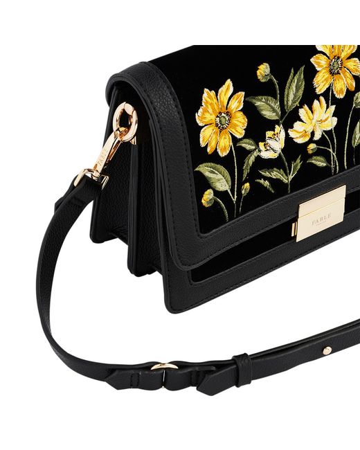 Fable England Black Botanical Velvet Embroidered Foldover Bag