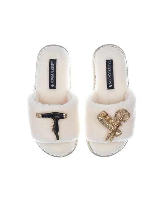 Laines London Metallic Teddy Toweling Slipper Sliders With Hairdresser Brooches