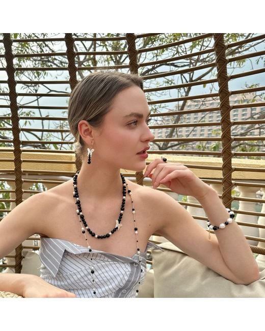 Farra Metallic Timeless Obsidian And Freshwater Drops Adjustable Ring
