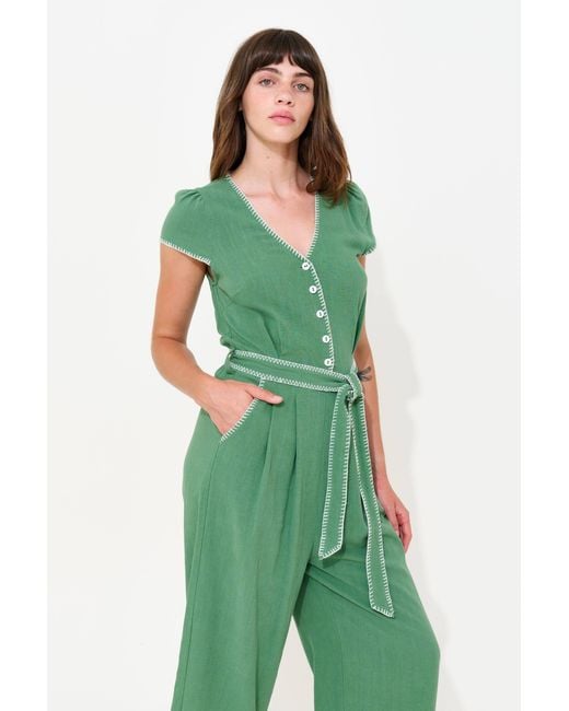 Louche Green Marleen Blanket Stitch Linen Mix Jumpsuit
