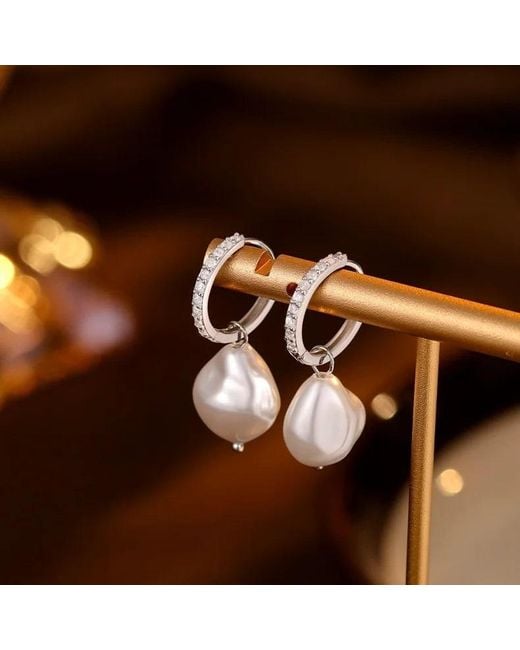 Angel Barocco White Detachable Diamond Huggie Baroque Pearl Earrings