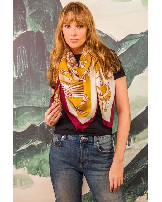 Artemis Muse Metallic Regal Doves & Lions Wine & Mustard Luxury Silk Scarf