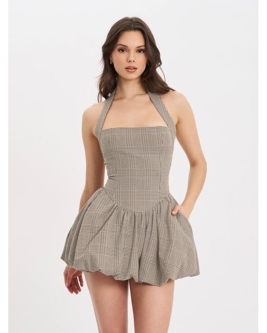 Miss Circle New York Gray Neutrals Dacia Plaid Halter Lace-Up Bubble Mini Dress