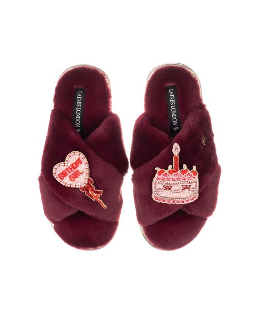 Laines London Red Classic Laines Slippers With Birthday Girl Brooches