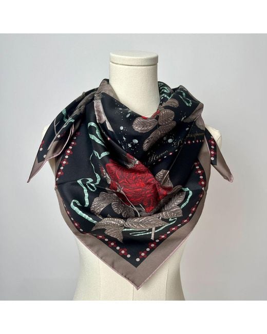 Wenzi Black Midnight Roses Rouge Double Sided Silk Twill Scarf