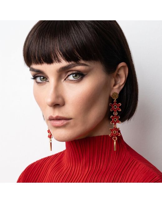 Iliana Arrazola Red Waterfall Blossom Three Flowers Earrings