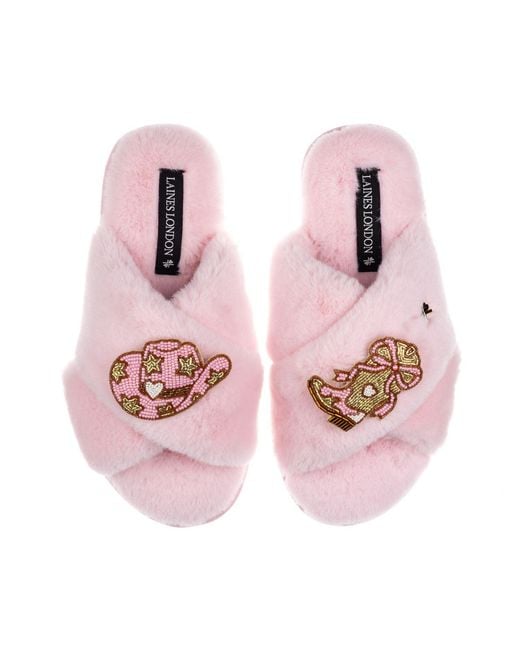 Laines London Pink Classic Laines Slippers With Cowgirl Hat & Cowgirl Boots Brooches