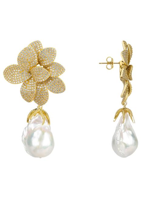 Latelita London Metallic Amaryllis Flower Baroque Pearl Drop Earrings