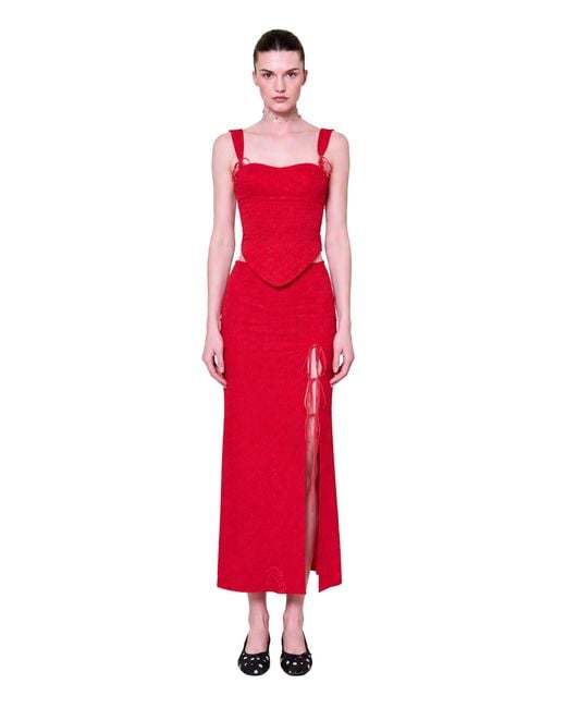 Pcfg The Broderie Anglaise Edit Embroidered Midi Skirt With Side Slit & Ribbon Tie