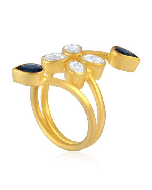 Artisan 18k Solid Yellow Gold Rose Cut Diamond Sapphire Between The Finger Ring