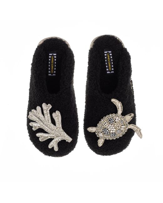 Laines London Silk Teddy Towelling Closed Toe Slippers With Silver Turtle &  Coral Brooches in Black | Lyst