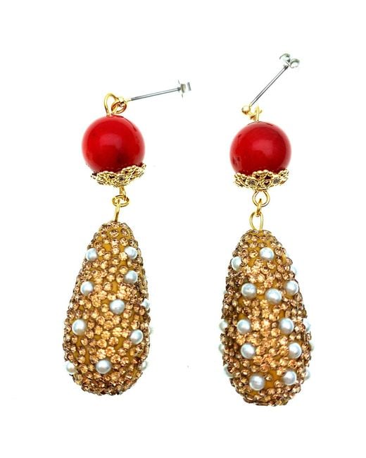 Farra Metallic Coral With Teardrop Rhinestones Statement Earrings