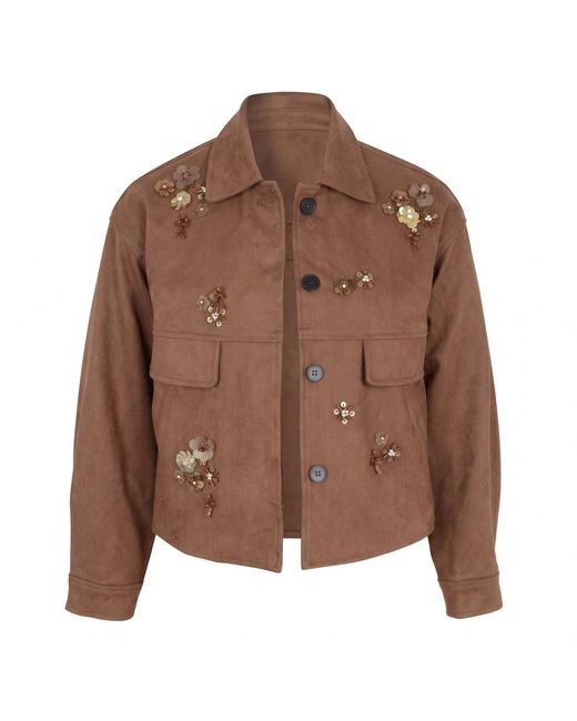 Modenaire Brown Floral Embellished Suede Effect Jacket