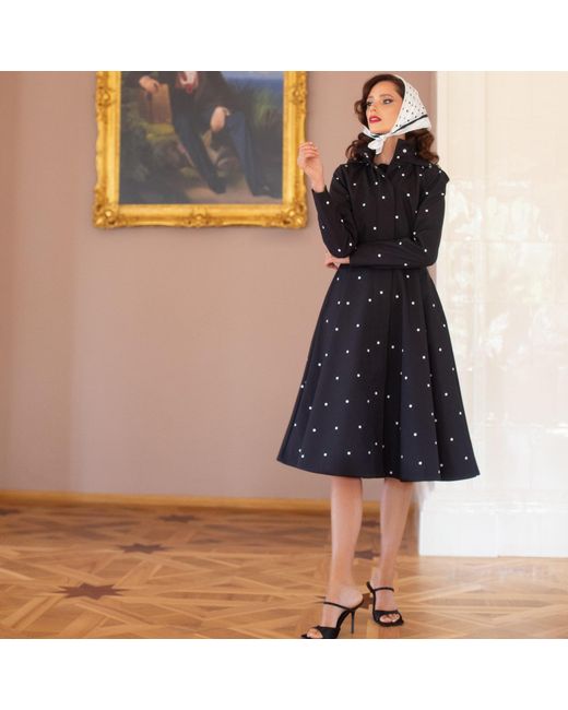 RainSisters Black Fitted & Flared Coat With Detachable Hood: Timeless Polka Dots