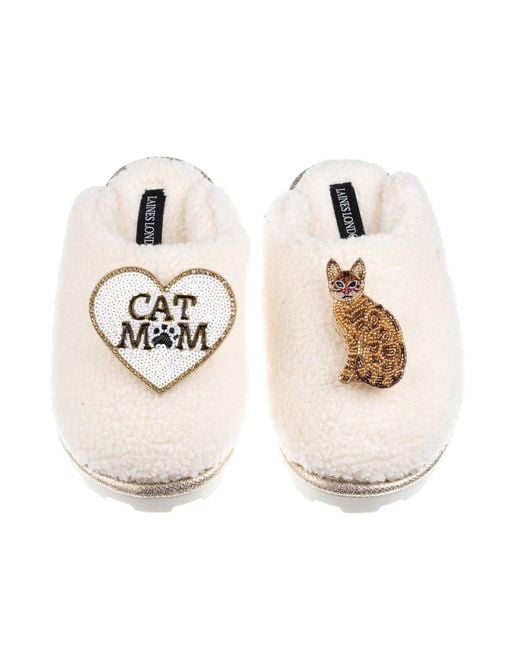 Laines London White Neutrals Teddy Closed Toe Slippers With Cat Mum/Mom & Bengal Cat Brooches