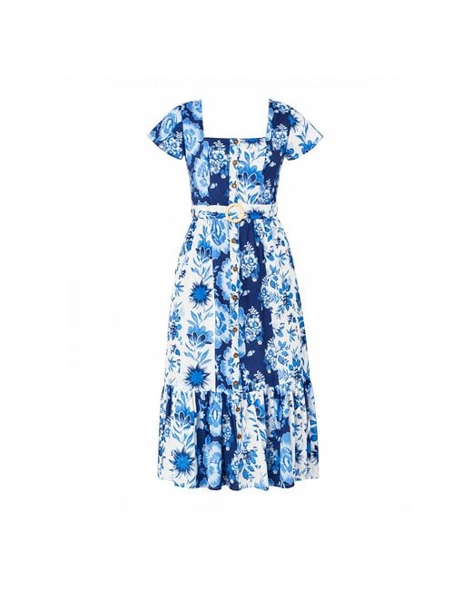 Yumi' Blue Floral Viscose Midi Shirt Dress With Matching Belt