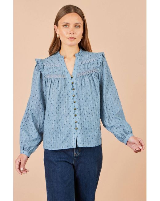 Yumi' Blue Cotton Lace Detail Shirt