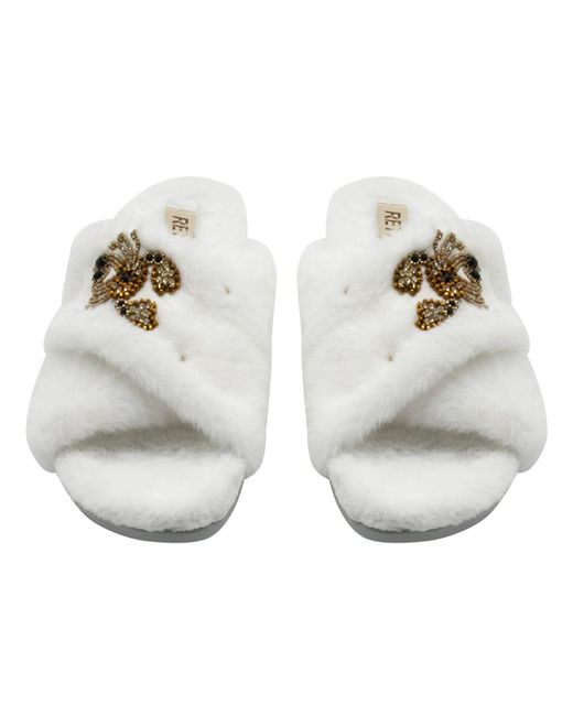 Rettrose White Neutrals Sophie Cream Luxury Plush Diamanté Embellished Handmade Slipper