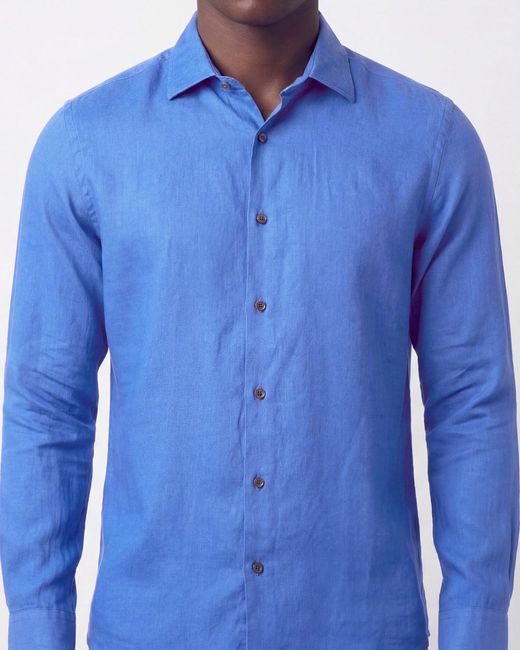 Lords of Harlech Blue Lionel Linen Button Down Shirt for men