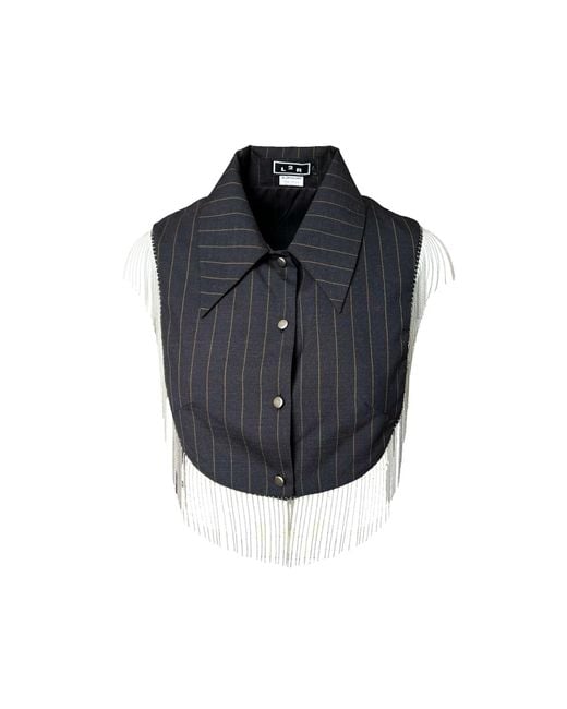 L2R THE LABEL Blue Pinstriped Reversible Metallic Fringe Vest