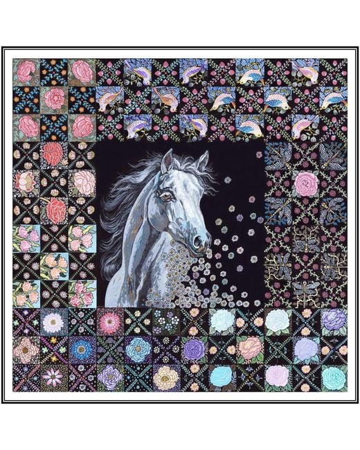 Wenzi Blue The Starlit Rider Hand Painted Pattern Double Sided Silk Twill Scarf